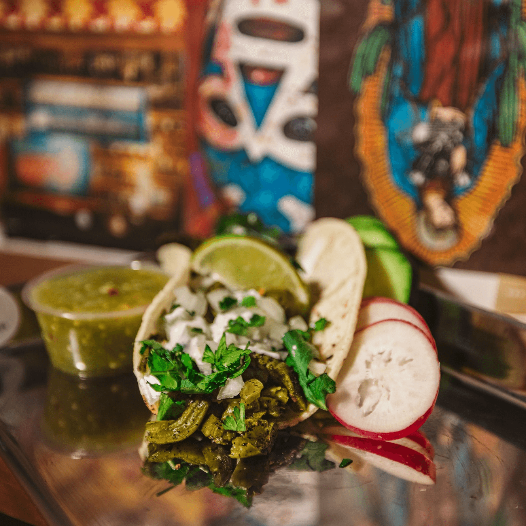 Nopales Street Taco taco — Grilled cactus, onion, cilantro, salsa fresca