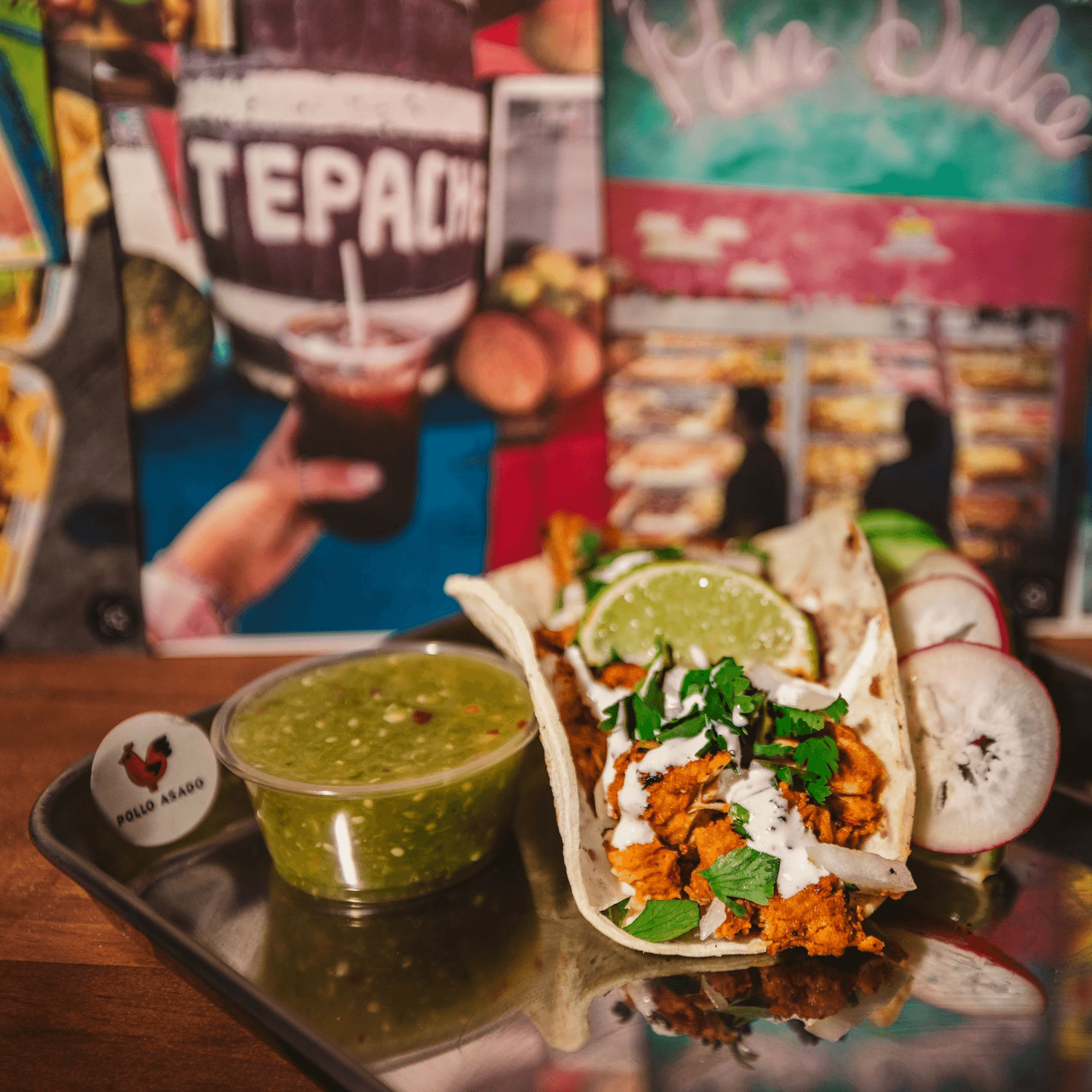 Pollo Asado Street Taco taco — Grilled chicken, onion, cilantro, salsa roja