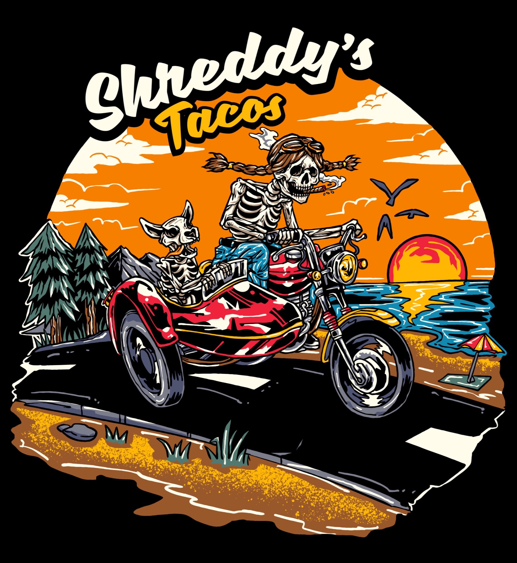 Shreddy's Tacos illustrated poster — skeleton riding a sidecar motorcycle at sunset