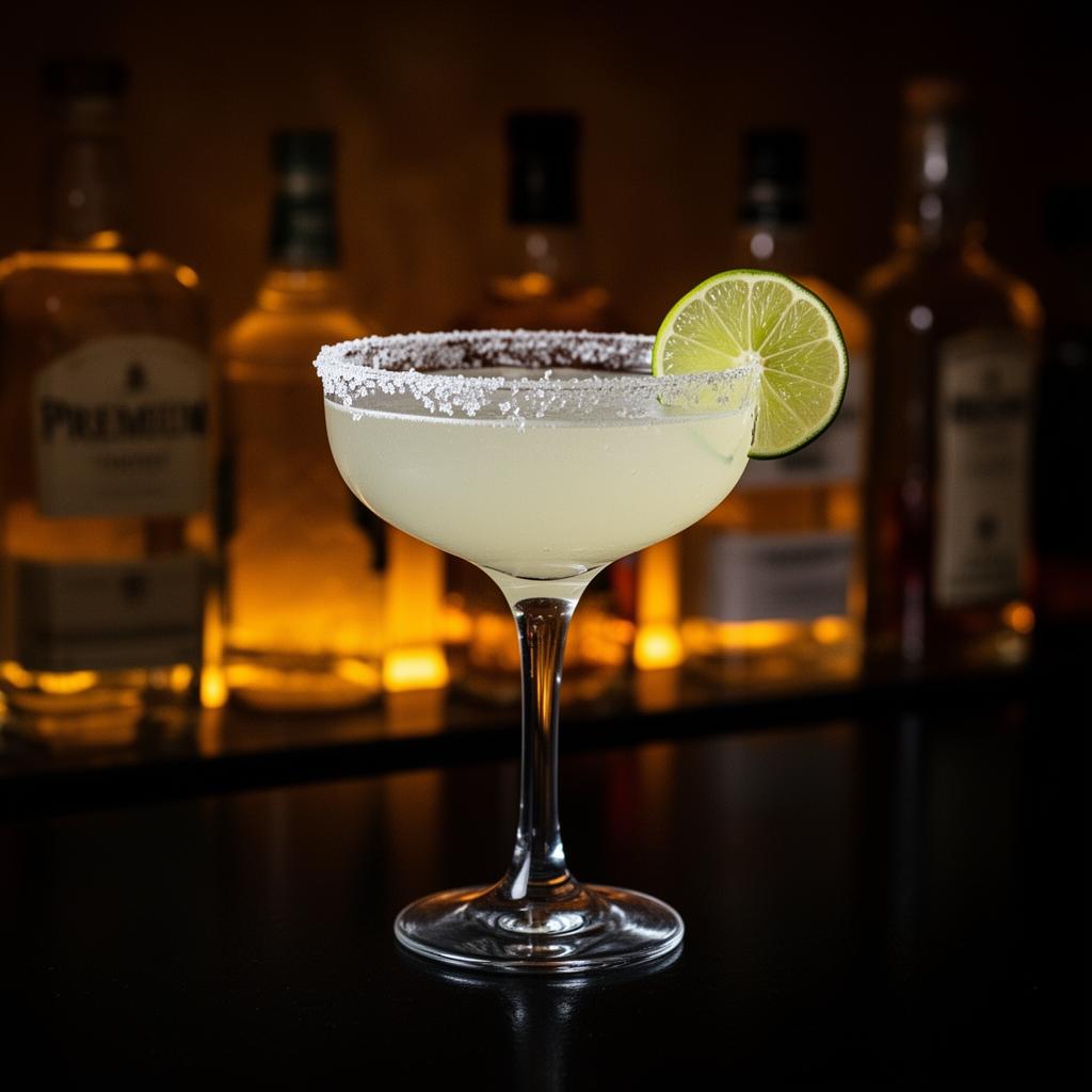 Handcrafted margarita with salt rim and lime wheel on a bar top with premium tequila bottles behind