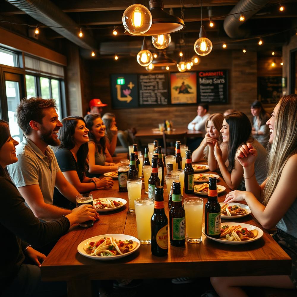 Friends sharing tacos and drinks at Shreddy's